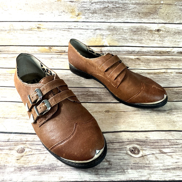 Gianni Bini Womens Cognac Brown Leather Monk Strap Wingtip Oxford Shoes 9M - Picture 1 of 11